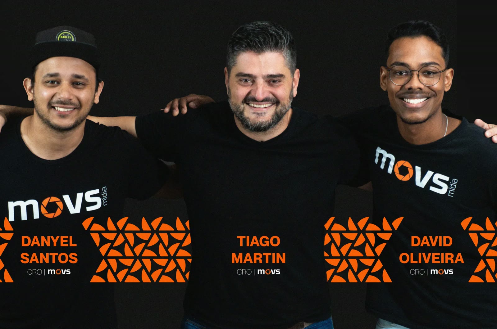Danyel Santos, Tiago Martin e David Oliveira — os sócios da MOVS